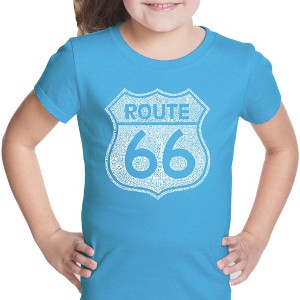 LA Pop Art Girl's Word Art T-shirt - CITIES ALONG THE LEGENDARY ROUTE 66 - 1 of 4