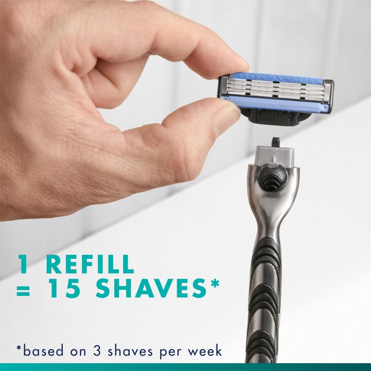 Hand holding a blue colored razor blade refill above a silver colored razor handle with text reading 1 REFILL = 15 SHAVES* and smaller text reading *based on 3 shaves per week.