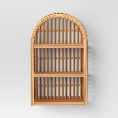 Natural Wood and Rattan Arched Wall Shelf with Open Shelves