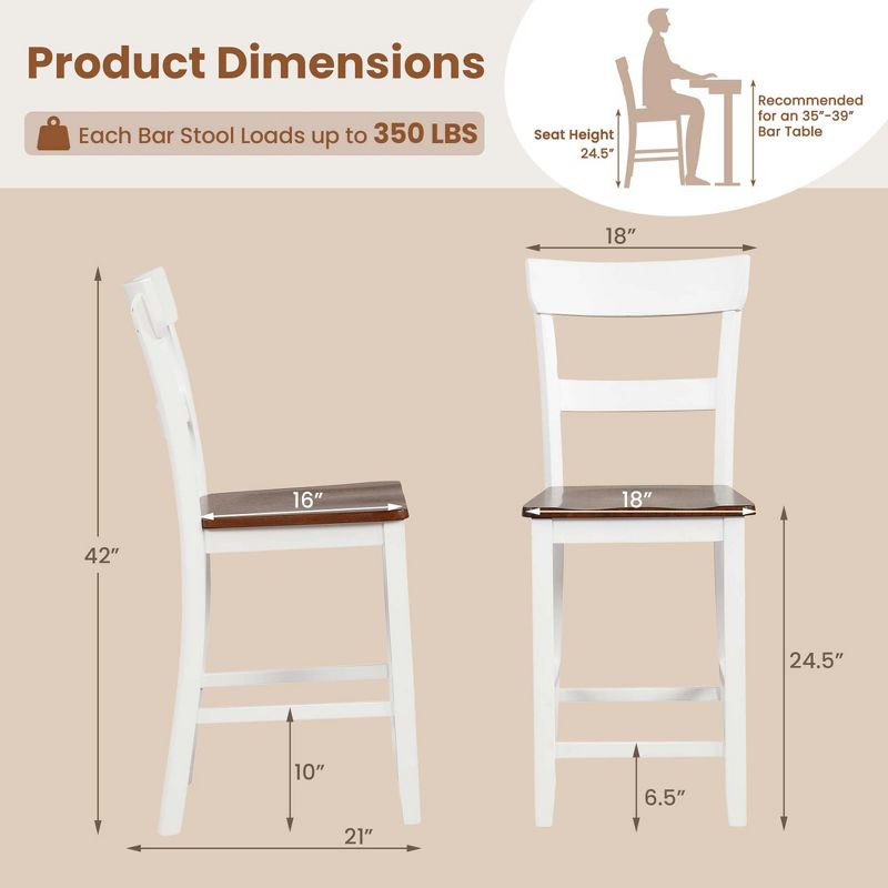 Costway Wooden Bar Stool Set of 4 Bar Chairs with LVL Rubber Wood Frame, Backrest, Footrest Black/White, 3 of 11