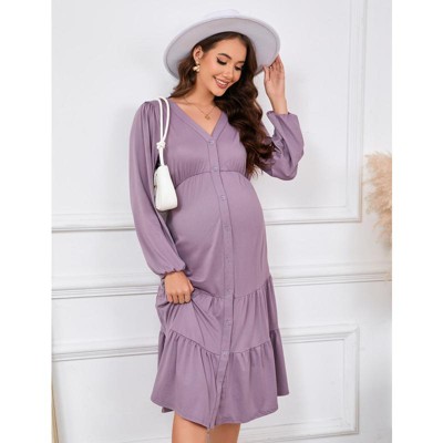 YesFashion Women's Maternity V Neck Dress Casual Ruffle Long Sleeve Button Down Midi Fall Dresses for Baby Shower Photoshoot