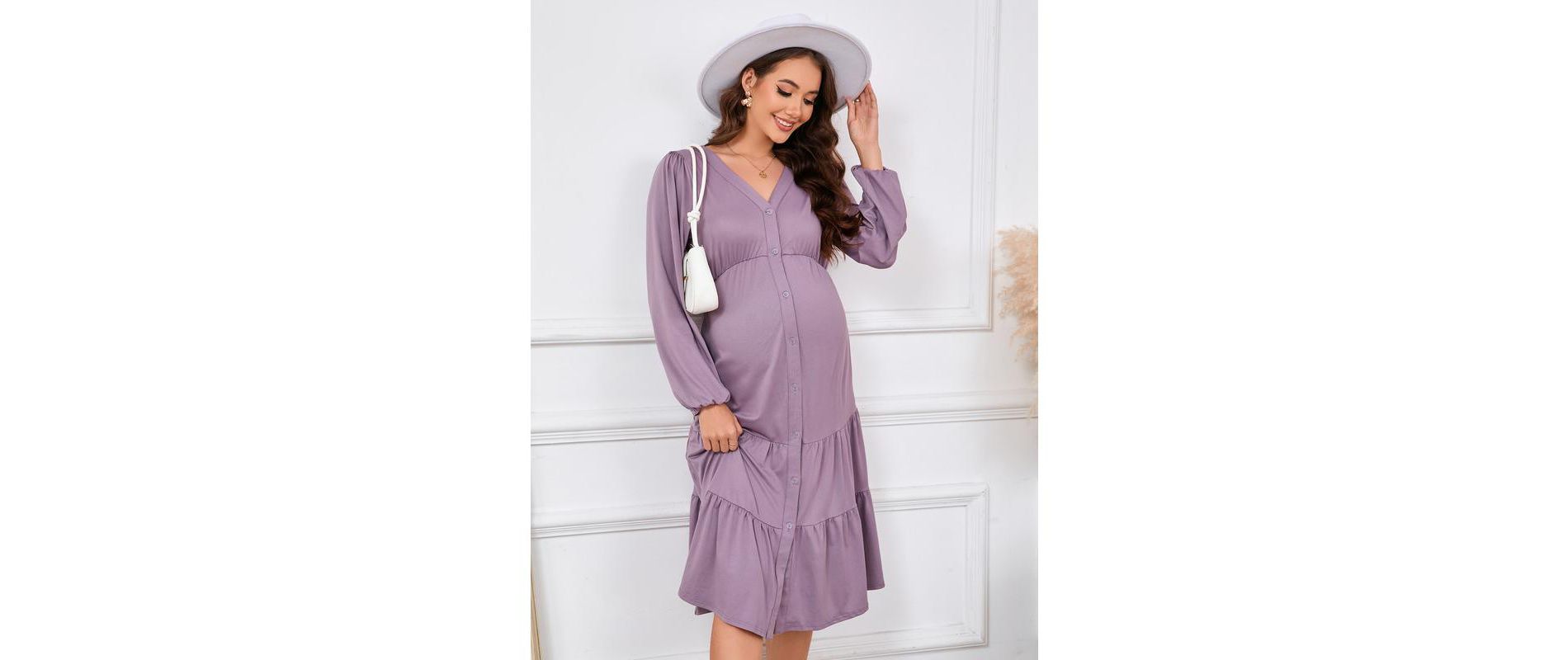 Women's Maternity V Neck Dress Casual Ruffle Long Sleeve Button Down Midi Fall Dresses for Baby Shower Photoshoot Dark green X-Large