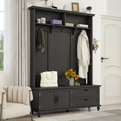 Hall Tree Entryway Bench with Storage Cabinet, Entryway Coat Rack with 2 Drawer and 5 Coat Hooks, Mudroom Coat Storage for Hallway Living Room Bedroom