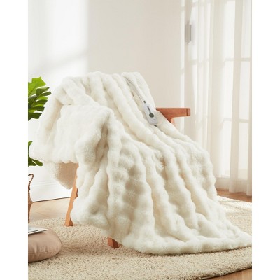 Fluffy Faux Fur Bubble Heated Throw Blanket, Ultra Soft Electric Blanket with 4 Heat Levels, 4/8 Hours Auto-Off, Cozy Home Gift