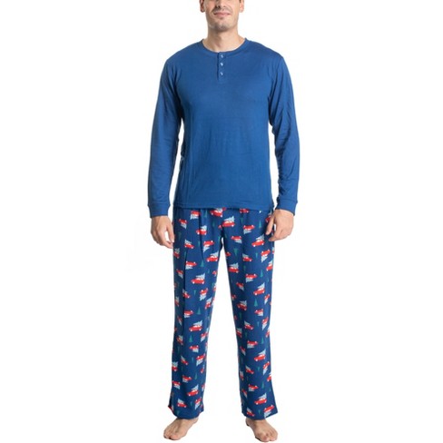 Muk Luks Mens Merry Everything Pajama Set, Navy Blue Car/ikat, T