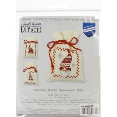 Vervaco Sachet Bags Counted Cross Stitch Kit 3.2"X4.8" 3/Pkg-Christmas Gnomes On Aida (18 Count)