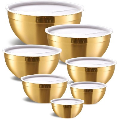 Gold Mixing Bowls with Airtight Lids, Stainless Steel Nesting Mixing Bowls Set of 7, Ideal for Baking, Prepping and Serving Food, Stackable Design