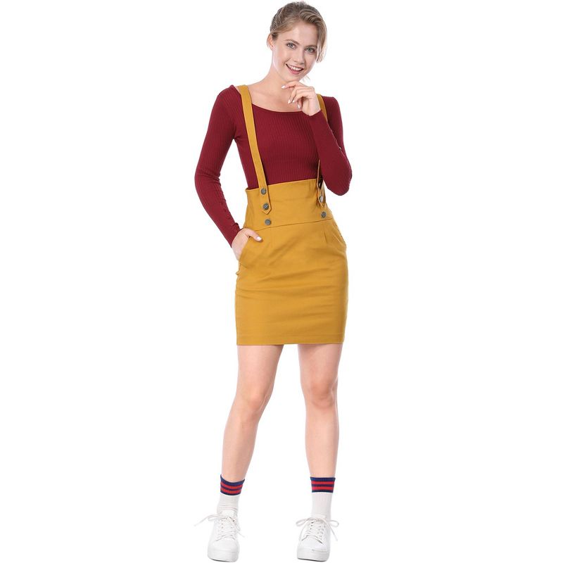 Allegra K Women's Button Decor High Waist Straight Braces Suspender Skirt, 4 of 8
