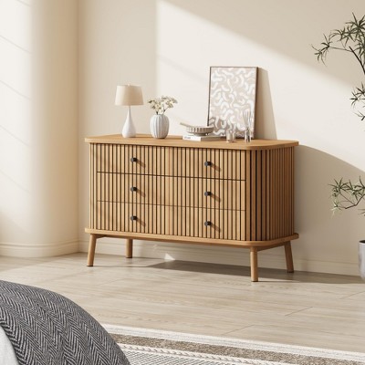 6 Drawer Dresser for Bedroom, 47" Wide Vertical Stripe Chest of Drawers with Metal Legs, Wooden Storage Cabinet for Living Room, Hallway, Natural Oak