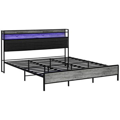 King Size Upholstered Platform Bed with Storage Headboard and LED Lights