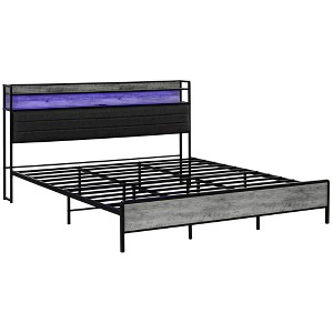 King Size Upholstered Platform Bed with Storage Headboard and LED Lights - 1 of 4
