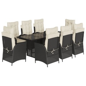 vidaXL 9 Piece Patio Dining Set - Black Poly Rattan/Tempered Glass Table/Cushioned Outdoor Chairs - Perfect for Garden, Backyard, Patio - 1 of 4