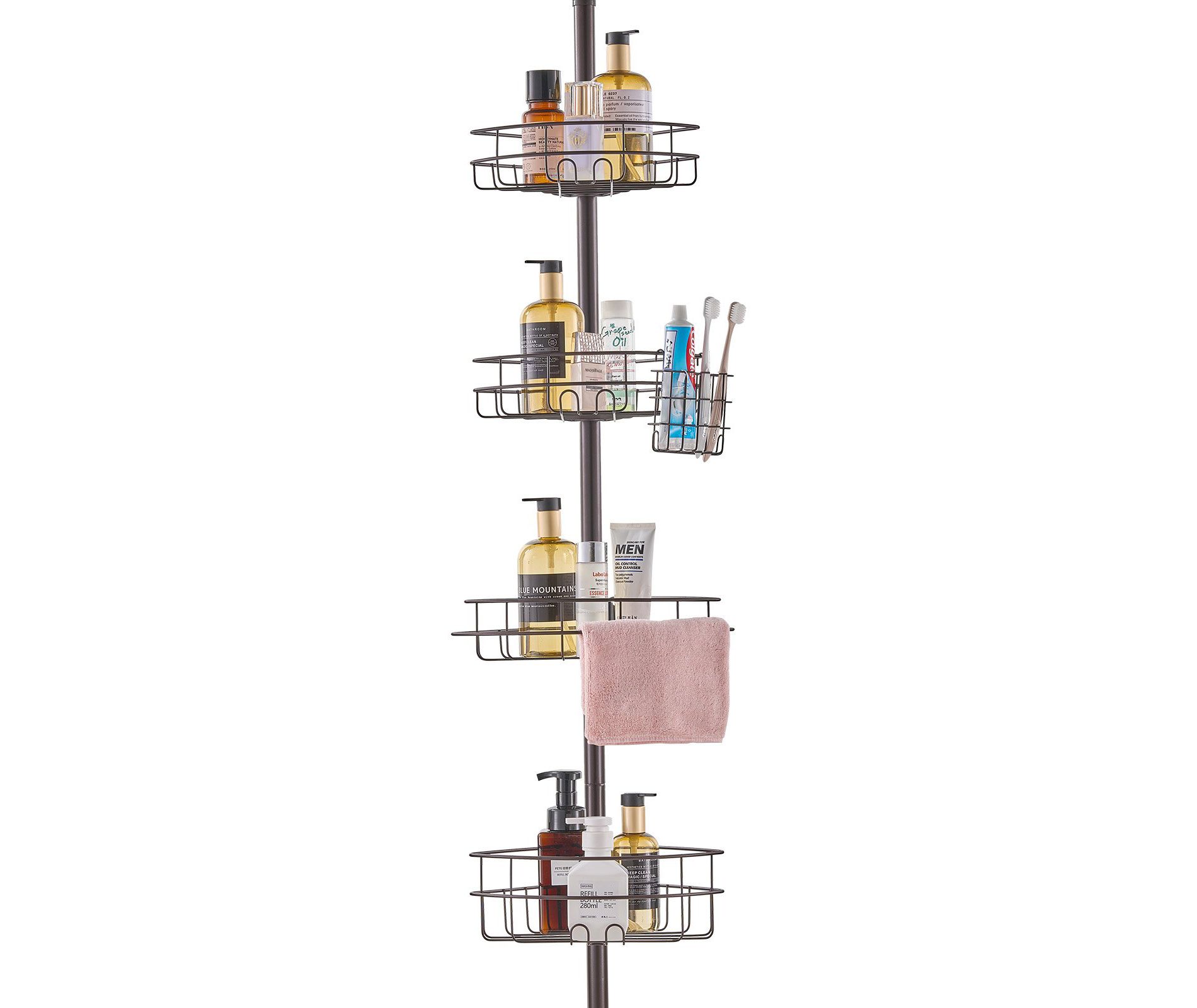 Shower Corner Caddy Tension Pole, Adjustable 56–114 in Rust-Proof 4-Shelf Tension Pole Shower Organizer for Bathroom & Washroom Storage