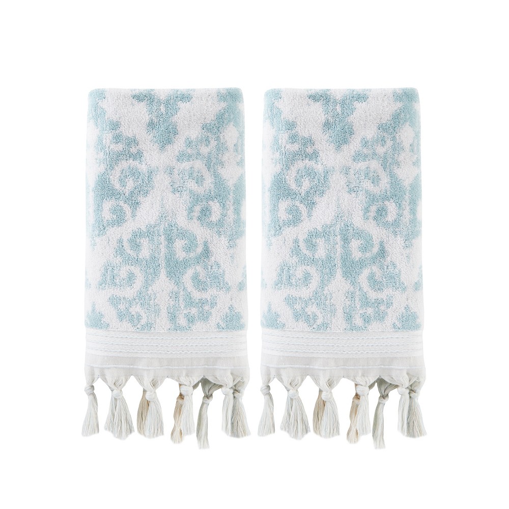 Photos - Towel 2pc Mirage Fringe Hand  Set Aqua - SKL Home: Cotton Jacquard, Geometr