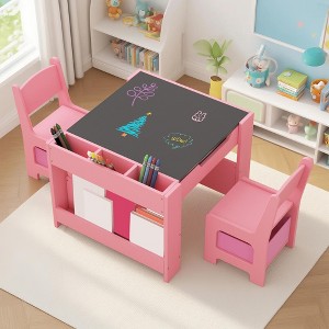 Kids Art Table and Chair Set, 3 In 1 Activity Table with 2 Chairs, Bookshelves, Drawers and Detachable Tabletop, Toddlers Craft Table Art Desk - 1 of 4