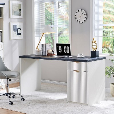 60" Modern Desk with Drawer & Cabinet, Fluted Computer Writing Desk for Living Room, Bedroom