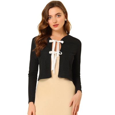 Allegra K Women's Elegant Crop Cardigan Contrast Tie Front Long Sleeve Shrug Top