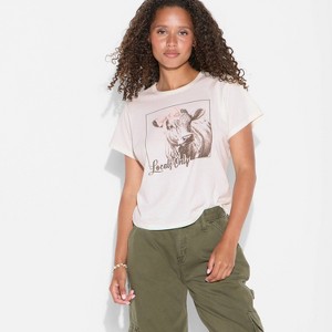 Women's Locals Only Cow Short Sleeve Shrunken Graphic T-Shirt - Off-White - 1 of 3