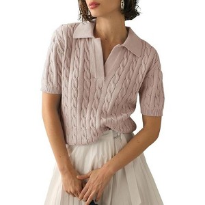 Women's Cable Short Sleeve Sweaters Tops Solid Lapel V Neck Cable Knit Casual Soft Pullover Shirt - 1 of 4