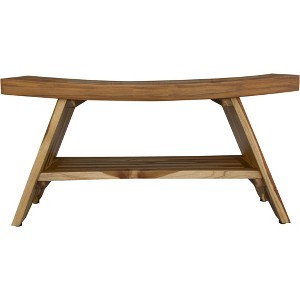 HomeRoots 35" Teak Rectangular Shower Outdoor Bench With Shelf In Natural Finish - 1 of 4