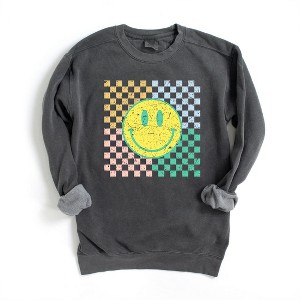 Simply Sage Market Women's Garment Dyed Four Square Smiley Face Graphic Sweatshirt - 1 of 2