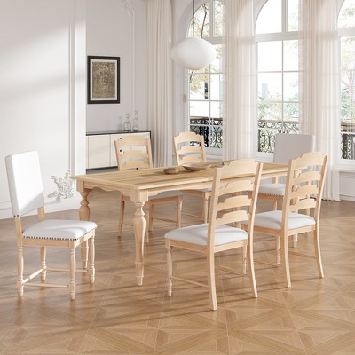 6/9-Piece Extendable Dining Table Set Dining Set Kitchen Table Set with Removable Leaf, Upholstered Chairs and Bench, Vintage, Natural-ModernLuxe