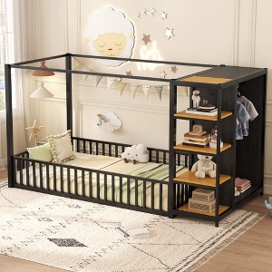 NicBex Kids Montessori Bed with Wardrobe,Full/Twin Size Floor Bed with Storage Shelves,Toddler bed for Bedroom,Black - 1 of 4