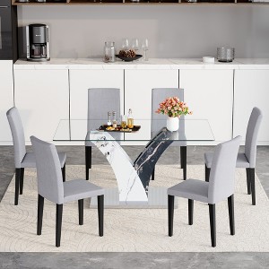7-Piece Dining Set with Tempered Glass Table and 6 PU Armless Chairs - 1 of 4