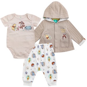 Disney Winnie the Pooh Baby Boys Pants Set with Bodysuit and Hooded Snap Quilted Jacket 3 Pack Set for Infant - 1 of 4