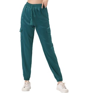 INSPIRE CHIC Women's Satin Drawstring Elastic High Waist Shiny Silky Cargo Pants - 1 of 4
