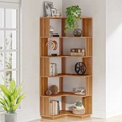 64.96" Brown Wood Grain 6-Tier Corner Bookshelf