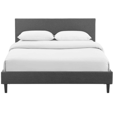 Gray Full Upholstered Platform Bed with Wood Slats