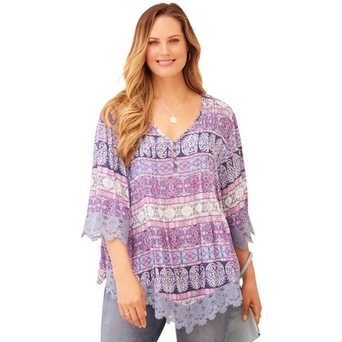 Catherines Women's Plus Size Lace Trim Gauze Blouse : Target