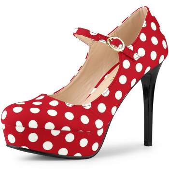 Allegra K Women's Polka Dots Platform Round Toe Ankle Strap Stiletto High Heel Pumps