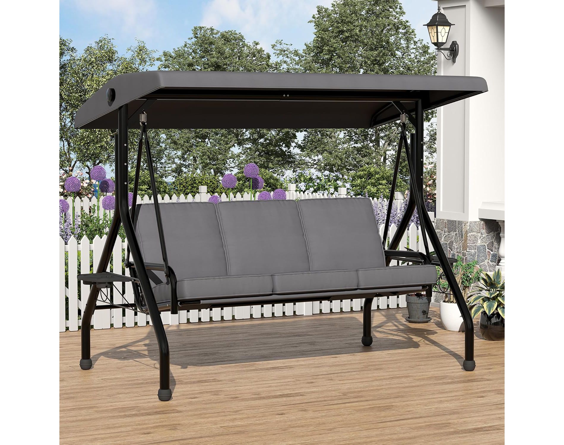 3-Person Patio Swing Chair with Adjustable Canopy, Removable Cushion and Side Tables for Outdoor Relaxation, Gray