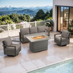 4 Pieces Patio Furniture Set with 41" Propane Fire Pit Table, Deep Seating Wicker Sofa Couch with Swivel Glider Chairs Set Patio Conversation Set - 1 of 4