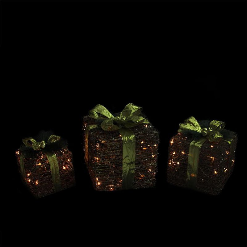 Northlight Set of 3 Brown and Green Lighted Glitter Gift Boxes Christmas Decoration 12", 3 of 4
