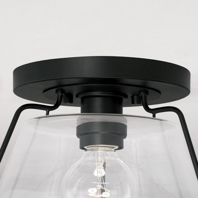 Vintage Lantern-Inspired Matte Black and Clear Glass 1-Light Flush Mount