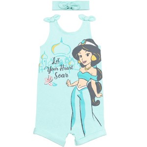 Disney Princess Rapunzel Ariel Belle Jasmine Aurora Baby Girls Snap Romper and Headband Newborn to Toddler - 1 of 4