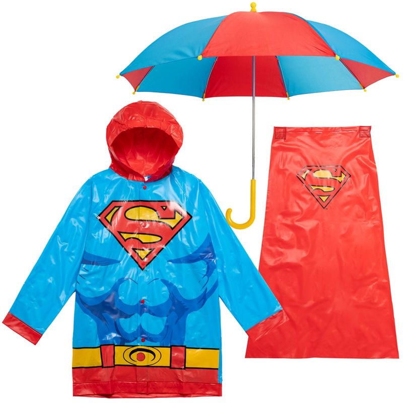 DC Comics Justice League Superman Batman Waterproof Rain Jacket Cape and Umbrella 3 Piece Set Toddler to Little Kid, 1 of 8