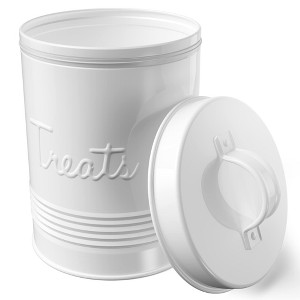 Amici Pet Retro Treats Canister - 72 Oz White Metal Food Storage with Embossed Design, Airtight Silicone Gasket Lid for Dry or Wet Pet Food - 1 of 4