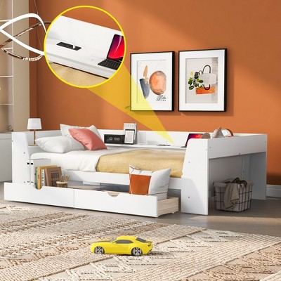 TIRAMISUBEST Twin Size Daybed with Storage Shelves, 2 Drawers and Built-In Charging Station, Wooden Daybed Frame Sofa Bed with Slats Support