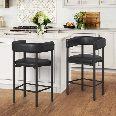 Arceso Barrel Bar Stools Set of 2, 26 Inch Upholstered Barstools with Arms & Metal Frame, Counter Height Bar Stools with Curved Backrest