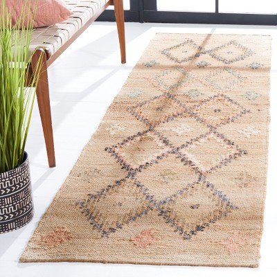 Natural and Blue Handmade Wool and Cotton Runner Rug