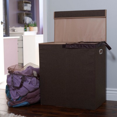 Dark Brown Collapsible Double Laundry Sorter with Lid