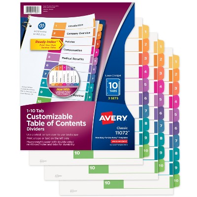 Avery Dividers for 3 Ring Binders, 10 Tabs per Set, Customizable Table of Contents, Multicolor Tabs (3 Sets of 11072)