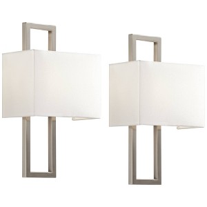 Possini Euro Design Modern Wall Light Sconces Set of 2 Brushed Nickel Hardwired 9 1/2" Fixture Silvery Faux Silk Shade for Bedroom - 1 of 4