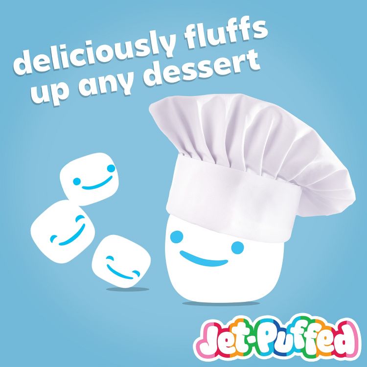 Three cartoon marshmallows with smiling faces, one wearing a chef's hat, with the text "deliciously fluffs up any dessert" and "Jet-Puffed" on a blue background.