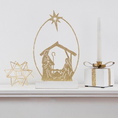 Golden Glitter LED Lighted Holy Family Nativity Scene Decoration, 14"