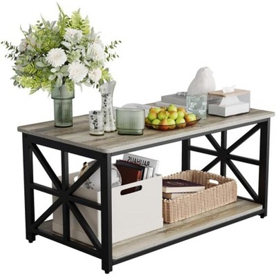 Homhougo 2-Tier Center Table Living Room Coffee Table, Coffee Tables for Living Room with X-Shaped Sturdy Frame, Easy Assembly